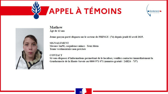 Annecy : Mathew, l'adolescent disparu, a été retrouvé sain et sauf Annecy : Mathew, l'adolescent disparu, a été retrouvé sain et sauf