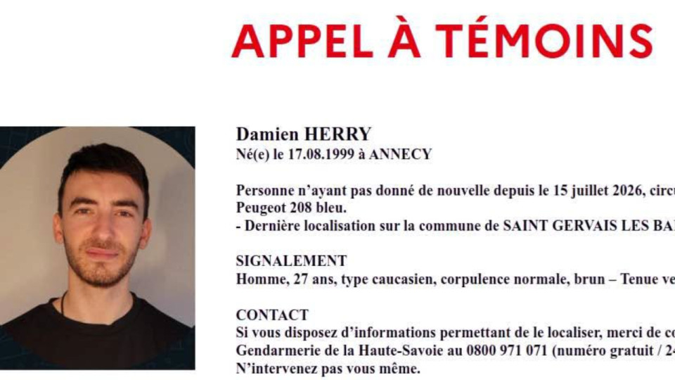 Appel &agrave; t&eacute;moins lanc&eacute; pour retrouver Damien : cet Ann&eacute;cien a disparu &agrave; Saint-Gervais-les-Bains